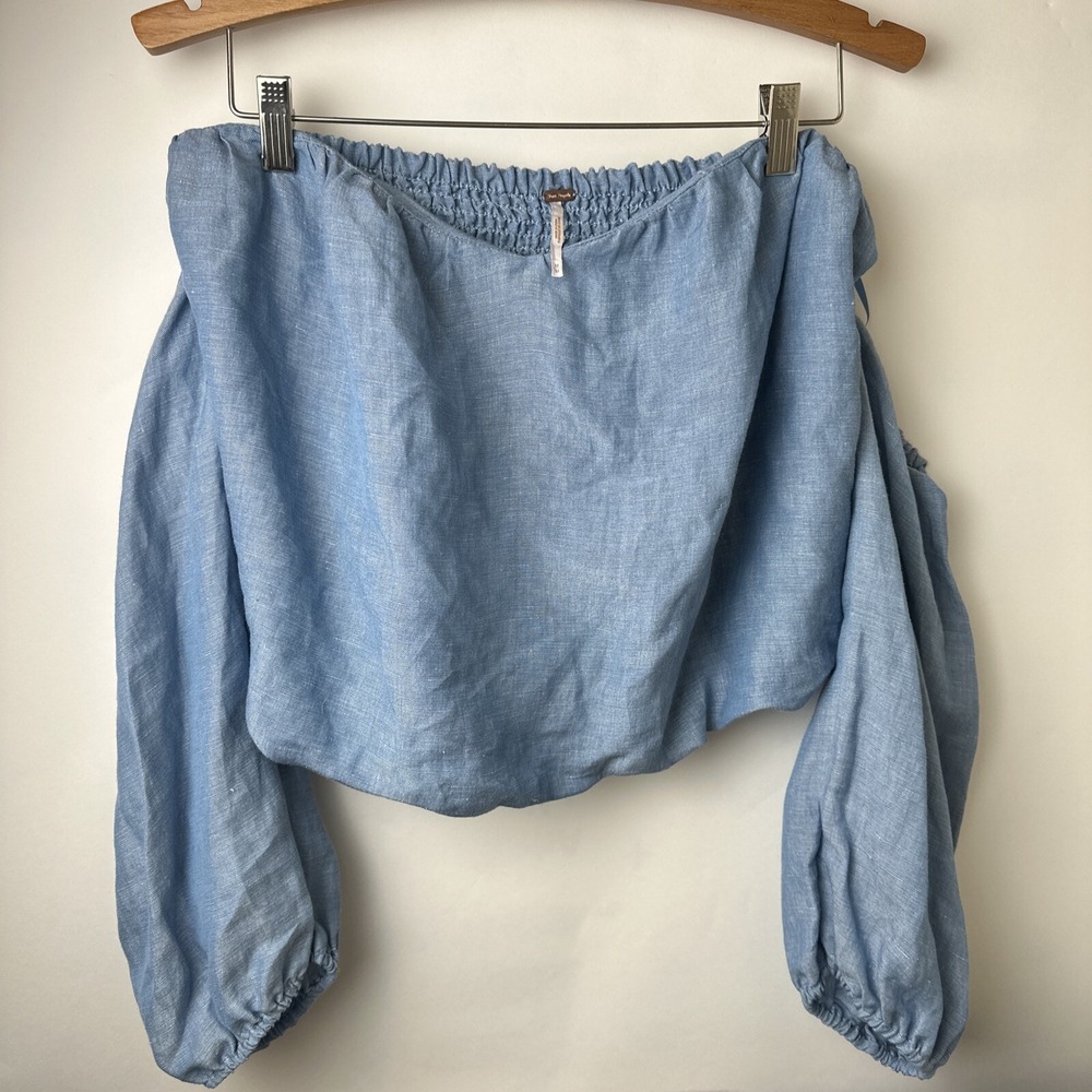 Free People Women's Blue Off Shoulder Top Ballon Sleeve‎ M Boho Linen Festival - Picture 3 of 11